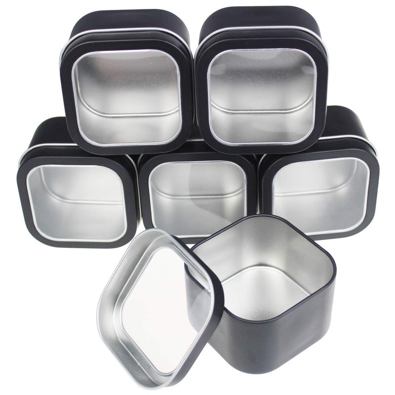 Goodma 6-Pack 8oz Empty Square Metal Tins with Clear Window for Candle Making, Candies, Gifts & Treasures, Black - Image 1